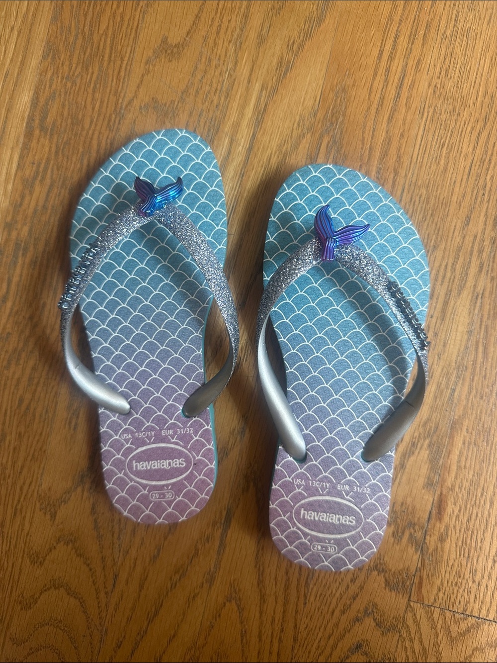 Havaianas Kids Mermaid Flip Flops with Glittery Silver Straps EUC